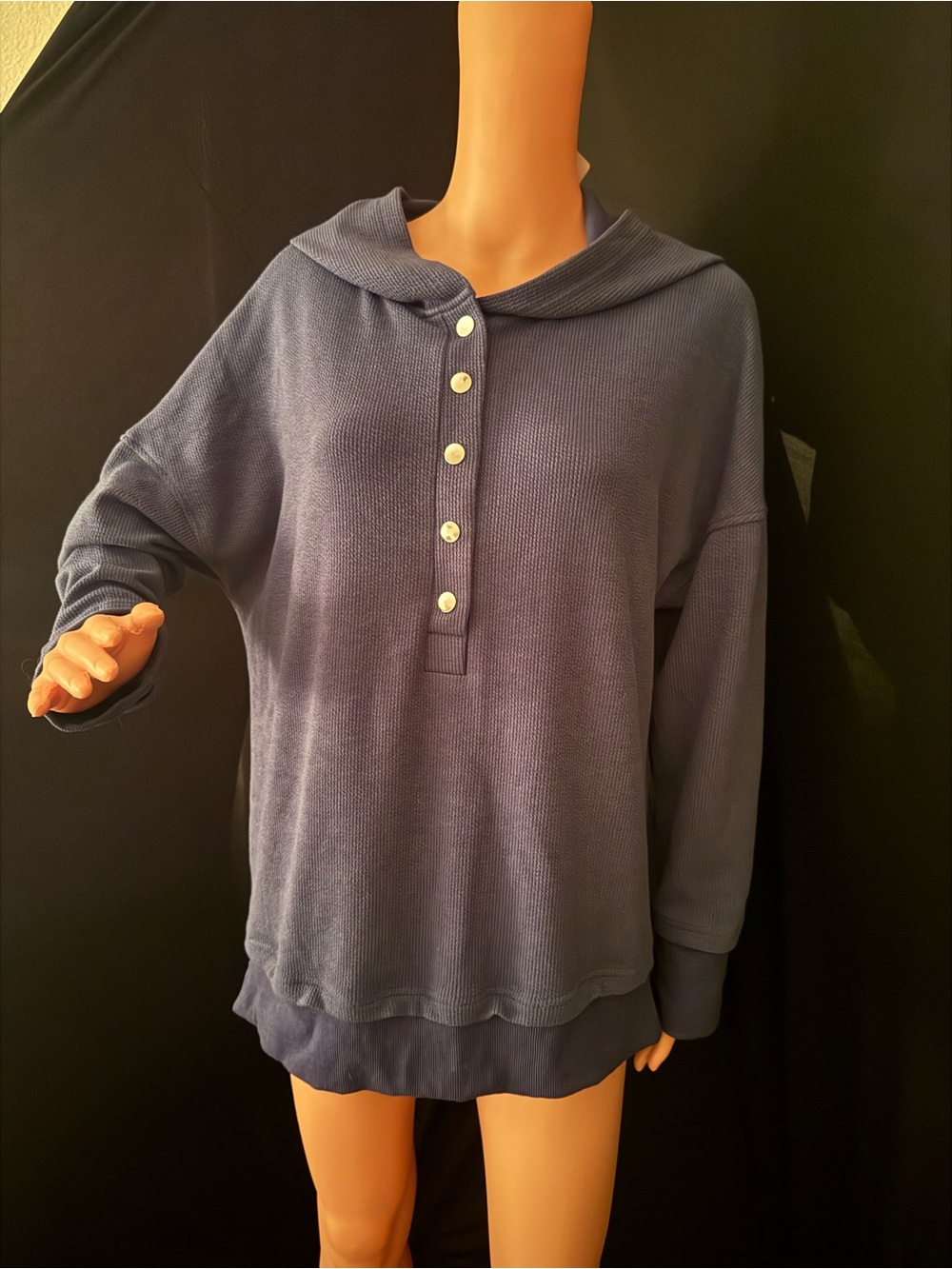 Women's Hooded Button-Front Thermal Pullover in Slate Blue